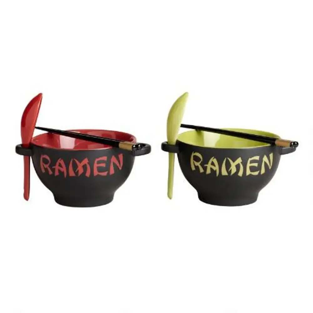 World Market Japanese Ceramic Ramen Bowls + Utensils Set of 2
